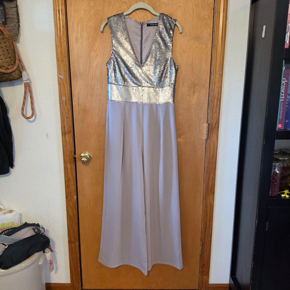 Sugar Lips Womens Silver Sequin V-Neck Wide Leg Palazzo Jumpsuit Lavender Gray M